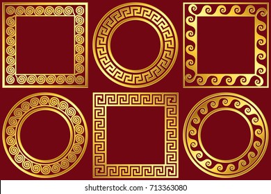 Set golden round and square frames with traditional vintage Greek Meander pattern on red background for design template.