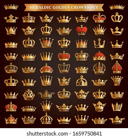 Set of golden royal crown heraldic silhouette icons