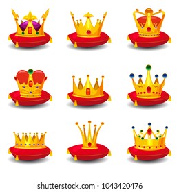 Set golden royal crowns, on red ceremonial pillow with tassels cartoon vector illustrations set isolated on white background.