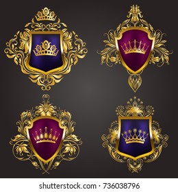 Set of golden royal shields with filigree floral elements for page, web design. Old frames, borders, crowns in vintage style for label, emblem, badge, logo, monograms. Vector illustration EPS10