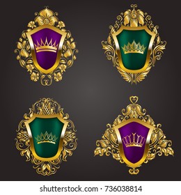 Set of golden royal shields with filigree floral elements for page, web design. Old frames, borders, crowns in vintage style for label, emblem, badge, logo, monograms. Vector illustration EPS10