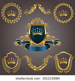 Set of golden royal shields with floral elements, ribbons, laurel wreaths for page, web design. Old frame, border, crown in vintage style for monograms, label, emblem, badge, logo. Illustration EPS10