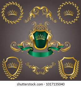 Set of golden royal shields with floral elements, ribbons, laurel wreaths for page, web design. Old frame, border, crown in vintage style for monograms, label, emblem, badge, logo. Illustration EPS10