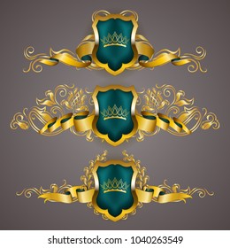Set of golden royal shields with floral elements, ribbons, laurel wreaths for page, web design. Old frame, border, crown in vintage style for label, emblem, badge, logo. Vector illustration EPS10