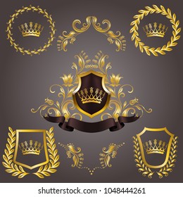Set of golden royal shields with floral elements, ribbons, laurel wreaths for page, web design. Old frame, border, crown in vintage style for monograms, label, emblem, badge, logo. Illustration EPS10