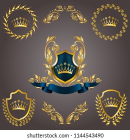 Set of golden royal shields with floral elements, ribbons, laurel wreaths for page, web design. Old frame, border, crown in vintage style for monograms, label, emblem, badge, logo. Illustration EPS10