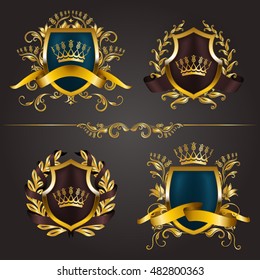 Set of golden royal shields with floral elements, ribbons, laurel wreaths for page, web design. Old frame, border, crown, divider in vintage style for label, emblem, badge, logo. Illustration EPS10