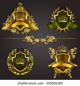 Set of golden royal shields with floral elements, ribbons, laurel wreaths for page, web design. Old frame, border, crown, divider in vintage style for label, emblem, badge, logo. Illustration EPS10