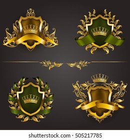 Conjunto de escudos reales dorados con elementos florales, cintas, coronas de laurel para página, diseño web. Viejo marco, borde, corona, divisor en estilo vintage para etiqueta, emblema, placa, logotipo. Ilustración EPS10