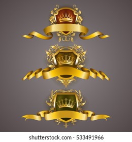 Conjunto de escudos reales dorados con elementos florales, cintas, coronas de laurel para página, diseño web. Viejo marco, borde, corona en estilo vintage para etiqueta, emblema, placa, logo. Ilustración del vector EPS10