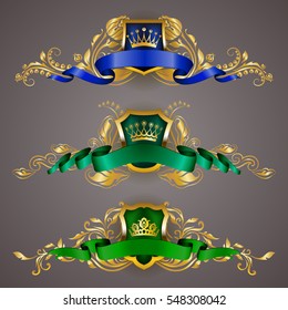 Set of golden royal shields with floral elements, ribbons, laurel wreaths for page, web design. Old frame, border, crown in vintage style for label, emblem, badge, logo. Vector illustration EPS10