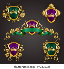 Set of golden royal shields with floral elements, ribbons, laurel wreaths for page, web design. Old frame, border, crown, divider in vintage style for label, emblem, badge, logo. Illustration EPS10