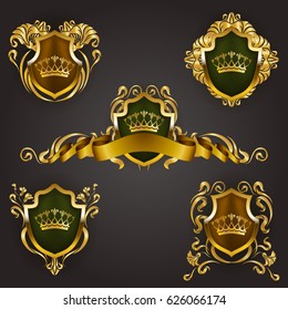 Set of golden royal shields with floral elements, ribbons for page, web design. Old frame, border, crown, divider in vintage style for label, emblem, badge, logo. Illustration EPS10