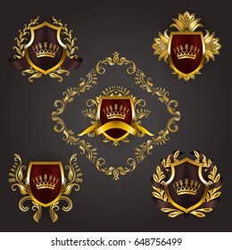 Set of golden royal shields with floral elements, ribbons, laurel wreaths for page, web design. Old frame, border, crown, divider in vintage style for label, emblem, badge, logo. Illustration EPS10