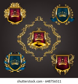 Set of golden royal shields with floral elements, ribbons, laurel wreaths for page, web design. Old frame, border, crown, divider in vintage style for label, emblem, badge, logo. Illustration EPS10