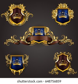 Set of golden royal shields with floral elements, ribbons for page, web design. Old frame, border, crown, divider in vintage style for label, emblem, badge, logo. Illustration EPS10