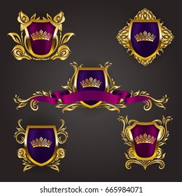 Set of golden royal shields with floral elements, ribbons, for page, web design. Old frame, border, crown, divider in vintage style for label, emblem, badge, logo. Illustration EPS10