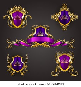 Set of golden royal shields with floral elements, ribbons, for page, web design. Old frame, border, crown, divider in vintage style for label, emblem, badge, logo. Illustration EPS10