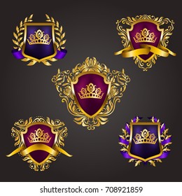 Set of golden royal shields with floral elements, ribbons, laurel wreaths for page, web design. Old frame, border, crown, divider in vintage style for label, emblem, badge, logo. Illustration EPS10