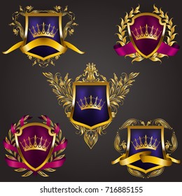 Set of golden royal shields with floral elements, ribbons, laurel wreaths for page, web design. Old frame, border, crown, divider in vintage style for label, emblem, badge, logo. Illustration EPS10