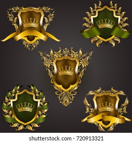 Set of golden royal shields with floral elements, ribbons, laurel wreaths for page, web design. Old frame, border, crown, divider in vintage style for label, emblem, badge, logo. Illustration EPS10