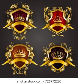 Set of golden royal shields with floral elements, ribbons, laurel wreaths for page, web design. Old frame, border, crown, divider in vintage style for label, emblem, badge, logo. Illustration EPS10