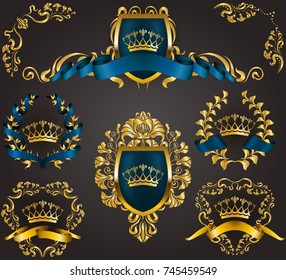 Set of golden royal shields with floral elements, ribbons, laurel wreaths for page, web design. Old frame, border, crown in vintage style for monograms, label, emblem, badge, logo. Illustration EPS10