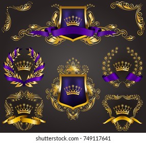 Set of golden royal shields with floral elements, ribbons, laurel wreaths for page, web design. Old frame, border, crown in vintage style for monograms, label, emblem, badge, logo. Illustration EPS10