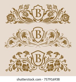 Set of golden royal shields with floral elements for page, web design. Filigree monograms, old frames, borders in vintage style for label, emblem, badge, logo, wedding card, invitation. Illustration.