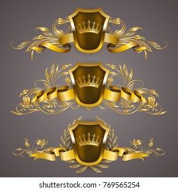 Set of golden royal shields with floral elements, ribbons, laurel wreaths for page, web design. Old frame, border, crown in vintage style for label, emblem, badge, logo. Vector illustration EPS10