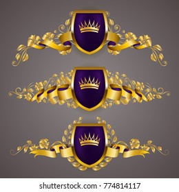 Set of golden royal shields with floral elements, ribbons, laurel wreaths for page, web design. Old frame, border, crown in vintage style for label, emblem, badge, logo. Vector illustration EPS10
