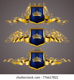 Set of golden royal shields with floral elements, ribbons, laurel wreaths for page, web design. Old frame, border, crown in vintage style for label, emblem, badge, logo. Vector illustration EPS10