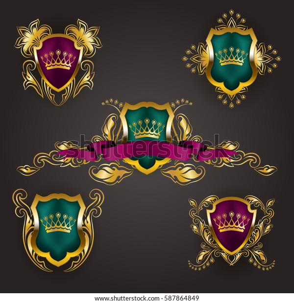 Set of golden royal shields with floral elements,\
ribbons, laurel wreaths for page, web design. Old frame, border,\
crown, divider in vintage style for label, emblem, badge, logo.\
Illustration EPS10