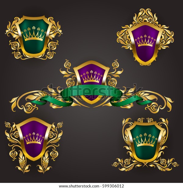 Set of golden royal shields with floral elements,
ribbons, laurel wreaths for page, web design. Old frame, border,
crown, divider in vintage style for label, emblem, badge, logo.
Illustration EPS10