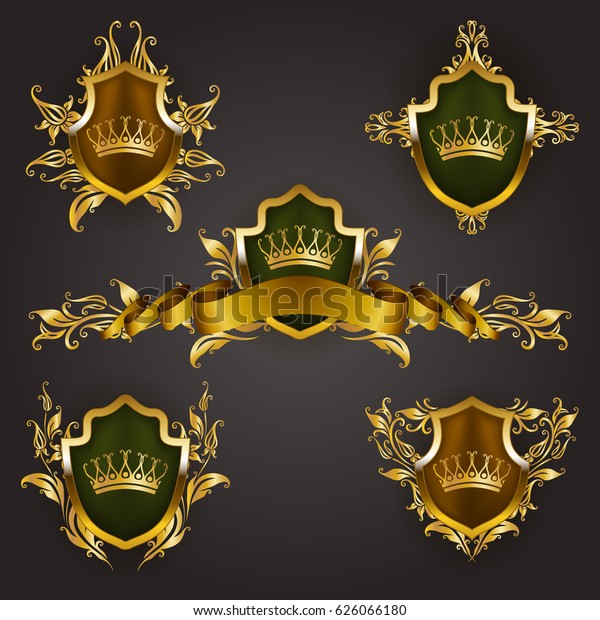 Set of\
golden royal shields with floral elements, ribbons for page, web\
design. Old frame, border, crown, divider in vintage style for\
label, emblem, badge, logo. Illustration\
EPS10