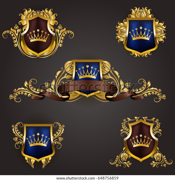 Set of\
golden royal shields with floral elements, ribbons for page, web\
design. Old frame, border, crown, divider in vintage style for\
label, emblem, badge, logo. Illustration\
EPS10