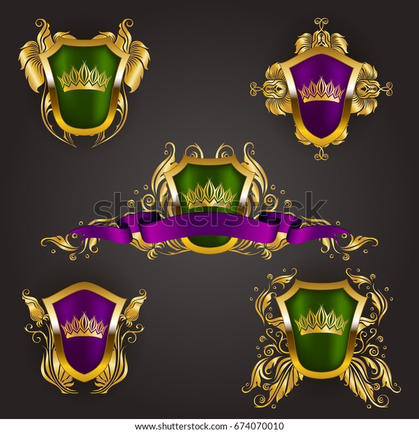 Set of\
golden royal shields with floral elements, ribbons, for page, web\
design. Old frame, border, crown, divider in vintage style for\
label, emblem, badge, logo. Illustration\
EPS10