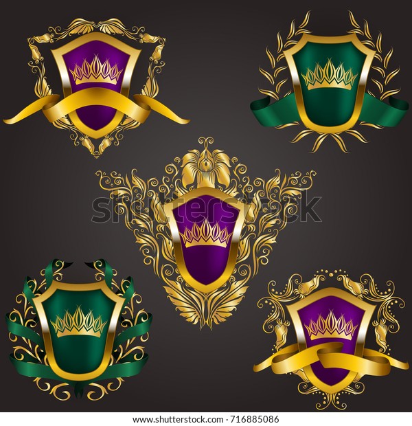 Set of golden royal shields with floral elements,\
ribbons, laurel wreaths for page, web design. Old frame, border,\
crown, divider in vintage style for label, emblem, badge, logo.\
Illustration EPS10