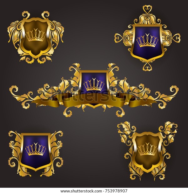 Set of
golden royal shields with floral elements, ribbons, for page, web
design. Old frame, border, crown, divider in vintage style for
label, emblem, badge, logo. Illustration
EPS10