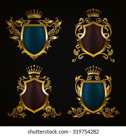 Set of golden royal shields for graphic design on black background. Old graceful frame,  border, crown, floral elements in vintage style for icon, label, emblem, badge, logo. Vector illustration EPS10