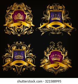 Set of golden royal shields for graphic design on black background. Old graceful frame,  border, crown, floral element, ribbon in vintage style for icon, label, emblem, badge, logo. Illustration EPS10