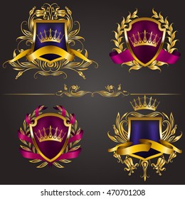 Set of golden royal shields for graphic design on background. Old frame, border, crown, floral element, ribbon, laurel wreath in vintage style for icon, label, emblem, badge, logo. Illustration EPS10
