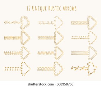 Set of golden rustic arrows. Ink hand drawn illustration. Vector. Isolated.