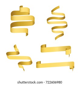 Set of golden, or rusty, or yellow parchment paper, papyrus, spiral tape and ribbons on isolated background. Vector realistic illustration with gradients for your design or decorative elements.