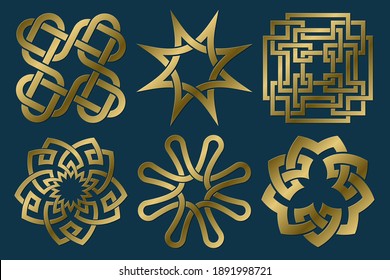 Set of golden sacred symbols. Vector abstract ancient signs collection. Isolated jewelry logo templates.