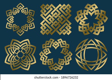 Set of golden sacred symbols. Vector abstract ancient emblems collection. Isolated jewelry logo templates.