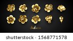Set of golden sakura flowers. Design of realistic, voluminous, metal, gold, jewelry, isolated flowers of Japanese cherry on black background.