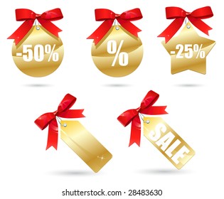 conjunto de etiquetas de ventas doradas con arco rojo