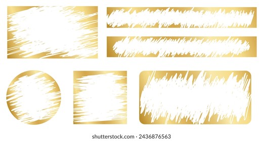 Set of golden scratch card surfaces with scraped textures isolated on white background. Collection of lotto winner, money prize, sale coupon, jackpot scratchcards templates. Vector illustration.