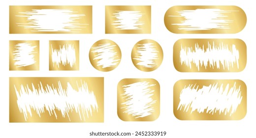 Set of golden scratch card surfaces with scraped textures. Collection of metallic scratchcards, lotto winner, money prize or sale coupon templates isolated on white background. Vector illustration.